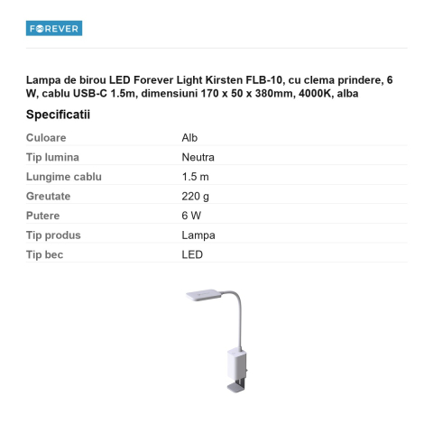 Lampa de birou LED Forever Light Kirsten FLB-10, cu clema prindere, 6 W, cablu USB-C 1.5m, dimensiuni 170 x 50 x 380mm, 4000K, alba [2]