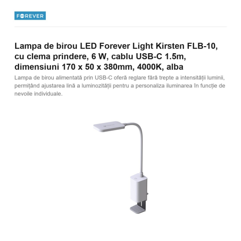 Lampa de birou LED Forever Light Kirsten FLB-10, cu clema prindere, 6 W, cablu USB-C 1.5m, dimensiuni 170 x 50 x 380mm, 4000K, alba [1]