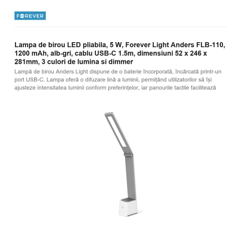 Lampa de birou LED pliabila, 5 W, Forever Light Anders FLB-110, 1200 mAh,  alb-gri, cablu USB-C 1.5m, dimensiuni 52 x 246 x 281mm, 3 culori de lumina si dimmer [1]
