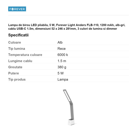 Lampa de birou LED pliabila, 5 W, Forever Light Anders FLB-110, 1200 mAh,  alb-gri, cablu USB-C 1.5m, dimensiuni 52 x 246 x 281mm, 3 culori de lumina si dimmer [2]
