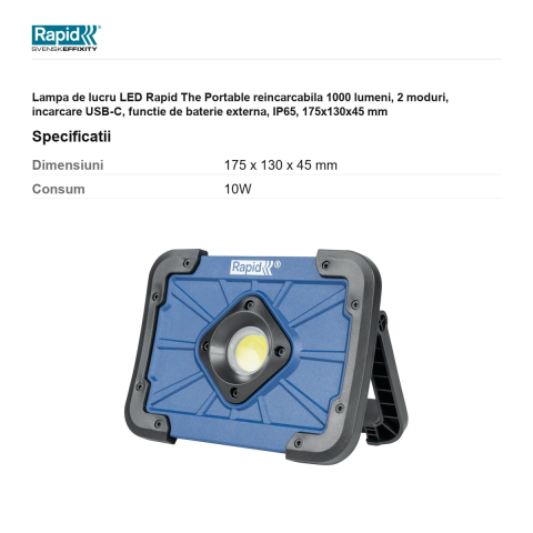Lampa de lucru LED Rapid The Portable reincarcabila 1000 lumeni, 2 moduri, incarcare USB-C, functie de baterie externa, IP65, 175x130x45 mm [2]