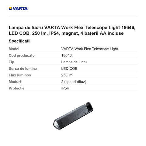 Lampa de lucru VARTA Work Flex Telescope Light 18646, LED COB, 250 lm, IP54, magnet, 4 baterii AA incluse [2]