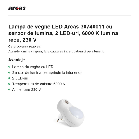 Lampa de veghe LED Arcas 30740011 cu senzor de lumina, 2 LED-uri, 6000 K lumina rece, 230 V [1]