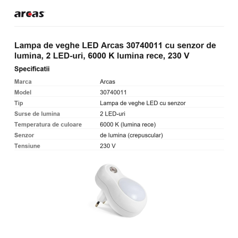 Lampa de veghe LED Arcas 30740011 cu senzor de lumina, 2 LED-uri, 6000 K lumina rece, 230 V [2]