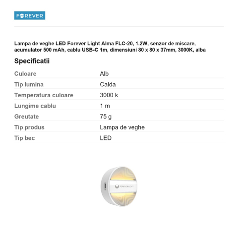 Lampa de veghe LED Forever Light Alma FLC-20, 1.2W, senzor de miscare, acumulator 500 mAh, cablu USB-C 1m, dimensiuni 80 x 80 x 37mm, 3000K, alba [2]