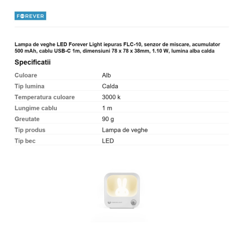Lampa de veghe LED Forever Light iepuras FLC-10, senzor de miscare, acumulator 500 mAh, cablu USB-C 1m, dimensiuni 78 x 78 x 38mm, 1.10 W, lumina alba calda [2]