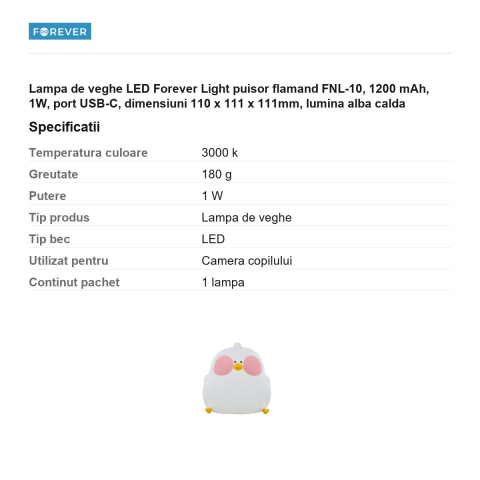 Lampa de veghe LED Forever Light puisor flamand FNL-10, 1200 mAh, 1W, port USB-C, dimensiuni 110 x 111 x 111mm, lumina alba calda [2]