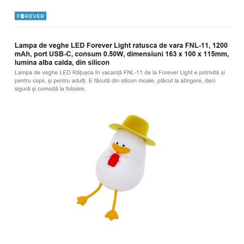 Lampa de veghe LED Forever Light ratusca de vara FNL-11, 1200 mAh, port USB-C, consum 0.50W, dimensiuni 163 x 100 x 115mm, lumina alba calda, din silicon [1]