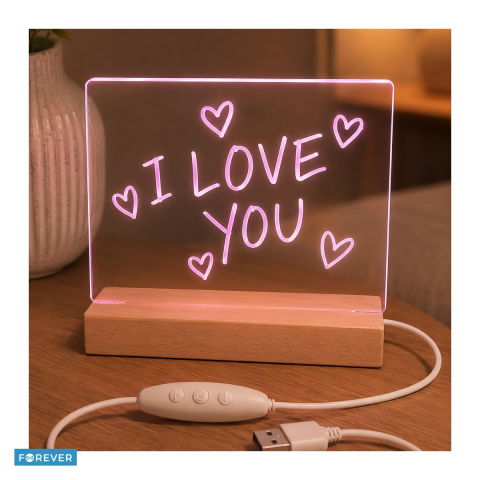 Lampa veghe - Lampa de veghe LED RGB, Forever Light FNL-18, cu panou acrilic 15 x 15cm pentru mesaje, baza din lemn, marker alb inclus, 7 culori solide si 3 moduri de schimbare a culorii, cablu 150cm cu controller 