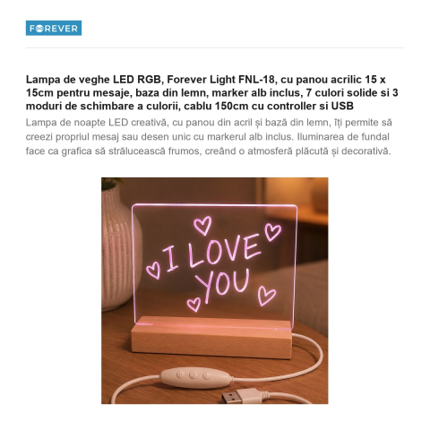 Lampa de veghe LED RGB, Forever Light FNL-18, cu panou acrilic 15 x 15cm pentru mesaje, baza din lemn, marker alb inclus, 7 culori solide si 3 moduri de schimbare a culorii, cablu 150cm cu controller  [1]