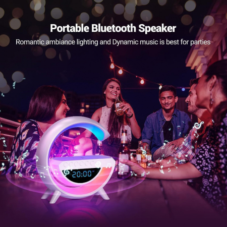 Lampa decorativa multifunctionala cu incarcare wireless si ceas cu alarma, boxa bluetooth v.5.0, radio FM, player USB si TF, alba [5]