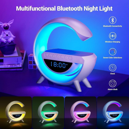 Lampa decorativa multifunctionala cu incarcare wireless si ceas cu alarma, boxa bluetooth v.5.0, radio FM, player USB si TF, alba [2]