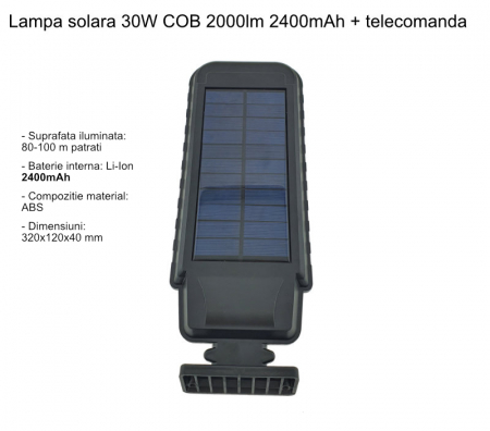 Lampa LED cu incarcare solara, LTC 76626, 30W COB 2000lm, acumulator 2400 mAh, cu senzori, telecomanda, neagra [5]