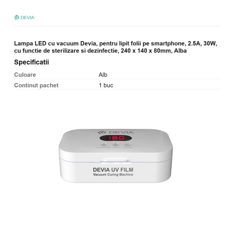 Lampa LED cu vacuum Devia, pentru lipit folii pe smartphone, 2.5A, 30W, cu functie de sterilizare si dezinfectie, 240 x 140 x 80mm, Alba [2]