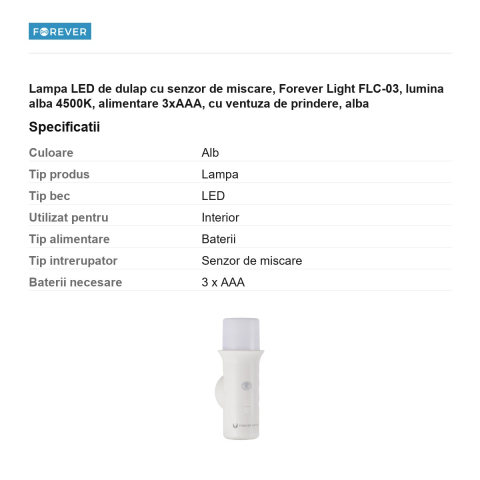 Lampa LED de dulap cu senzor de miscare, Forever Light FLC-03, lumina alba 4500K, alimentare 3xAAA, cu ventuza de prindere, alba [2]