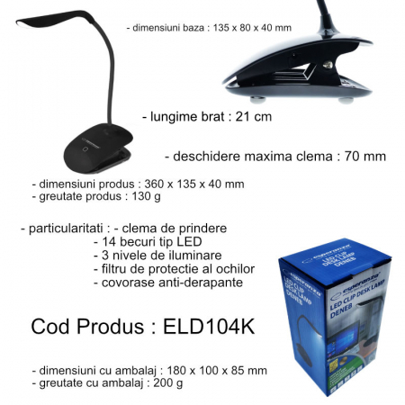 Lampa LED, Esperanza Acrux ELD103K, brat flexibil 21 cm, alimentare duala, cablu 110 cm, 4 x AAA, neagra [5]