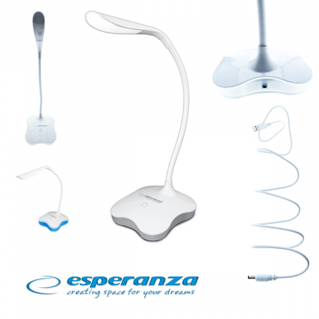 Lampa LED, Esperanza Mimosa ELD105W, cu baza iluminata, brat flexibil 21 cm, alimentare duala, cablu 110 cm, 4 x AAA, alba [3]