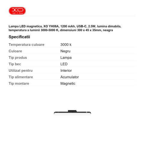 Lampa LED magnetica, XO YH08A, 1200 mAh, USB-C, 2.5W, lumina dimabila, temperatura a luminii 3000-5000 K, dimensiuni 300 x 45 x 35mm, neagra [2]