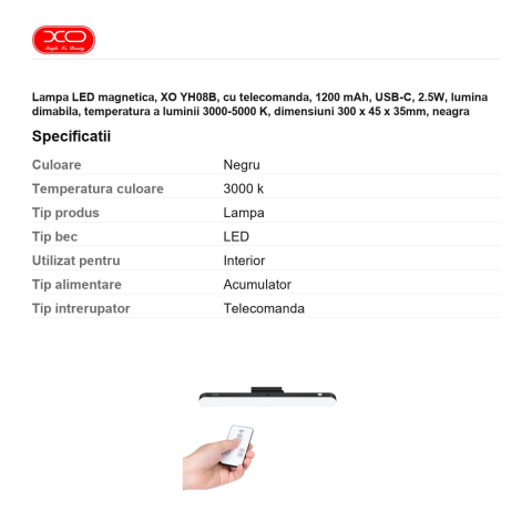 Lampa LED magnetica, XO YH08B, cu telecomanda, 1200 mAh, USB-C, 2.5W, lumina dimabila, temperatura a luminii 3000-5000 K, dimensiuni 300 x 45 x 35mm, neagra [2]