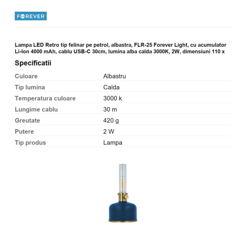 Lampa LED Retro tip felinar pe petrol, albastra, FLR-25 Forever Light, cu acumulator Li-Ion 4000 mAh, cablu USB-C 30cm, lumina alba calda 3000K, 2W, dimensiuni 110 x 110 x 220mm [2]