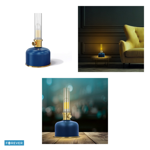 Lampa LED Retro tip felinar pe petrol, albastra, FLR-25 Forever Light, cu acumulator Li-Ion 4000 mAh, cablu USB-C 30cm, lumina alba calda 3000K, 2W, dimensiuni 110 x 110 x 220mm [3]