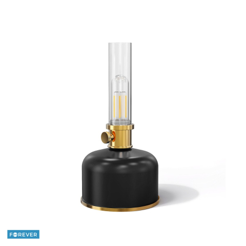 Lampa birou - Lampa LED Retro tip felinar pe petrol, neagra, FLR-25 Forever Light, cu acumulator Li-Ion 4000 mAh, cablu USB-C 30cm, lumina alba calda 3000K, 2W, dimensiuni 110 x 110 x 220mm