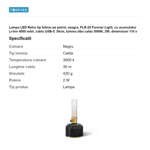 Lampa LED Retro tip felinar pe petrol, neagra, FLR-25 Forever Light, cu acumulator Li-Ion 4000 mAh, cablu USB-C 30cm, lumina alba calda 3000K, 2W, dimensiuni 110 x 110 x 220mm [2]