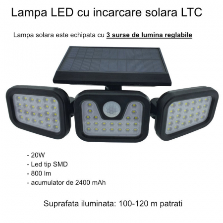 Lampa LED tripla, reglabila, cu incarcare solara, LTC 76691, 20W, SMD, 800lm, acumulator 2400mAh, cu senzori, neagra [5]