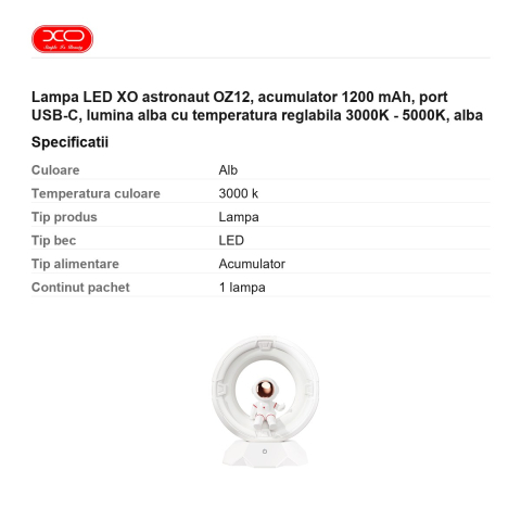 Lampa LED XO astronaut OZ12, acumulator 1200 mAh, port USB-C, lumina alba cu temperatura reglabila 3000K - 5000K, alba [2]