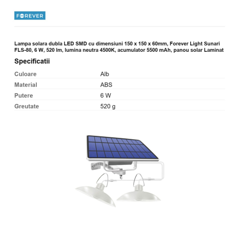 Lampa solara dubla LED SMD cu dimensiuni 150 x 150 x 60mm, Forever Light Sunari FLS-80, 6 W, 520 lm, lumina neutra 4500K, acumulator 5500 mAh, panou solar Laminat 5V, 3.5W cu dimensiuni 197 x 117 x 50 [2]