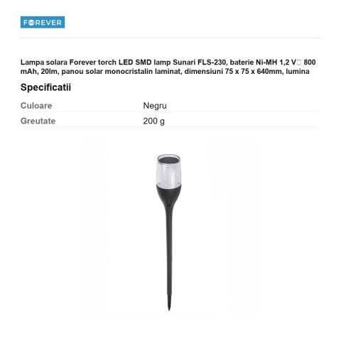 Lampa solara Forever torch LED SMD lamp Sunari FLS-230, baterie Ni-MH 1,2 V⎓ 800 mAh, 20lm, panou solar monocristalin laminat, dimensiuni 75 x 75 x 640mm, lumina calda [2]