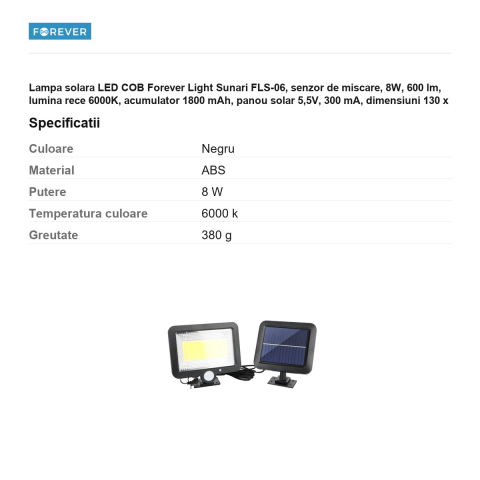 Lampa solara LED COB Forever Light Sunari FLS-06, senzor de miscare, 8W, 600 lm, lumina rece 6000K, acumulator 1800 mAh, panou solar 5,5V, 300 mA, dimensiuni 130 x 115 x 18mm, IP65, ABS [2]