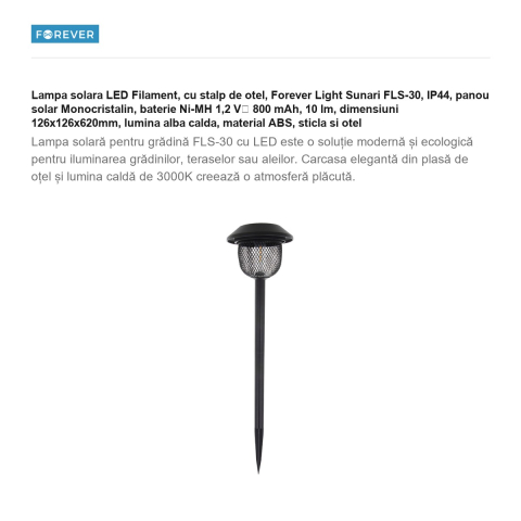 Lampa solara LED Filament, cu stalp de otel, Forever Light Sunari FLS-30, IP44, panou solar Monocristalin, baterie Ni-MH 1,2 V⎓ 800 mAh, 10 lm, dimensiuni 126x126x620mm, lumina alba calda, material AB [1]