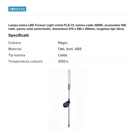 Lampa solara LED Forever Light cristal FLS-72, lumina calda 3000K, acumulator 600 mAh, panou solar policristalin, dimensiuni 670 x 580 x 500mm, lungimea tijei 34cm, material otel, acril, ABS [2]