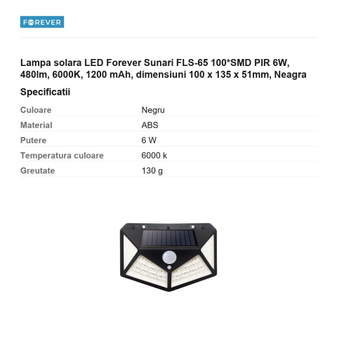 Lampa solara LED Forever Sunari FLS-65 100*SMD PIR 6W, 480lm, 6000K, 1200 mAh, dimensiuni 100 x 135 x 51mm, Neagra [2]