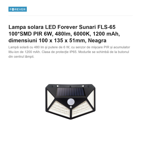 Lampa solara LED Forever Sunari FLS-65 100*SMD PIR 6W, 480lm, 6000K, 1200 mAh, dimensiuni 100 x 135 x 51mm, Neagra [1]