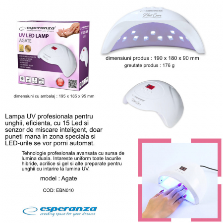 Lampa unghii UV, 15 LED, Esperanza Agate Hybrid, 36W, senzor miscare, afisaj, USB, alba [6]