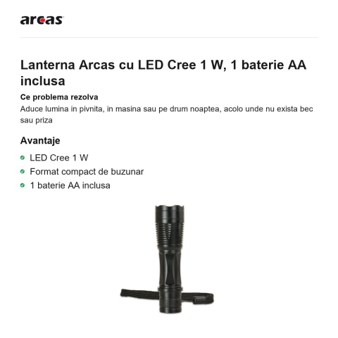 Lanterna Arcas cu LED Cree 1 W, 1 baterie AA inclusa [1]