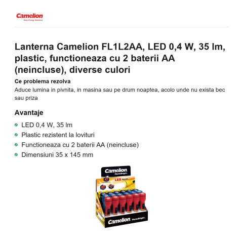 Lanterna Camelion FL1L2AA, LED 0,4 W, 35 lm, plastic, functioneaza cu 2 baterii AA (neincluse), diverse culori [1]