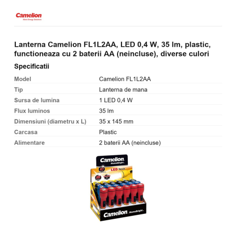 Lanterna Camelion FL1L2AA, LED 0,4 W, 35 lm, plastic, functioneaza cu 2 baterii AA (neincluse), diverse culori [2]