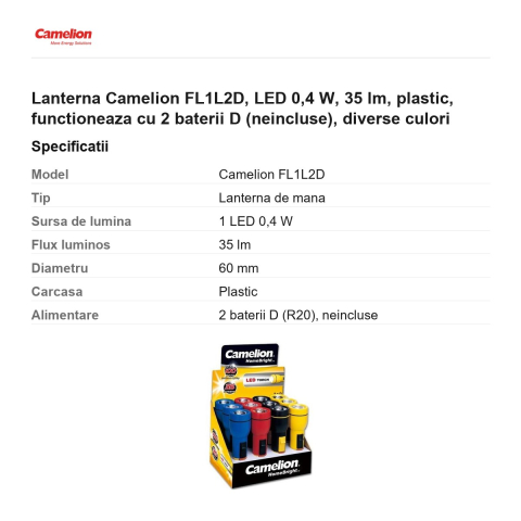 Lanterna Camelion FL1L2D, LED 0,4 W, 35 lm, plastic, functioneaza cu 2 baterii D (neincluse), diverse culori [2]