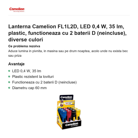 Lanterna Camelion FL1L2D, LED 0,4 W, 35 lm, plastic, functioneaza cu 2 baterii D (neincluse), diverse culori [1]
