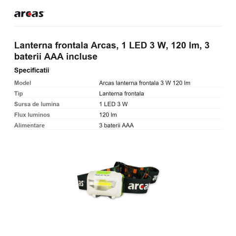 Lanterna frontala Arcas, 1 LED 3 W, 120 lm, 3 baterii AAA incluse [2]