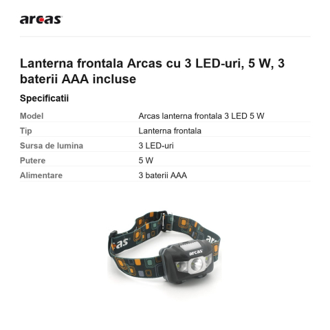 Lanterna frontala Arcas cu 3 LED-uri, 5 W, 3 baterii AAA incluse [2]