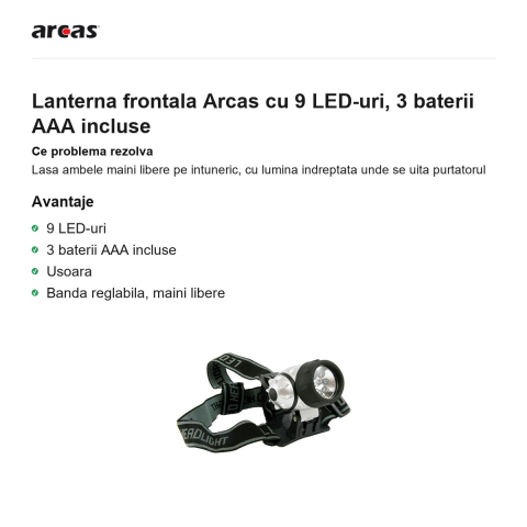 Lanterna frontala Arcas cu 9 LED-uri, 3 baterii AAA incluse [1]