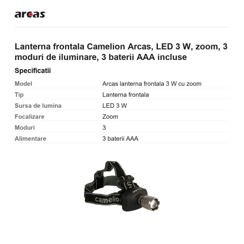 Lanterna frontala Camelion Arcas, LED 3 W, zoom, 3 moduri de iluminare, 3 baterii AAA incluse [2]