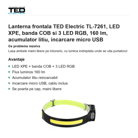 Lanterna frontala TED Electric TL-7261, LED XPE, banda COB si 3 LED RGB, 160 lm, acumulator litiu, incarcare micro USB [1]