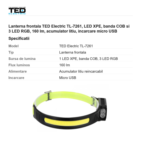 Lanterna frontala TED Electric TL-7261, LED XPE, banda COB si 3 LED RGB, 160 lm, acumulator litiu, incarcare micro USB [2]