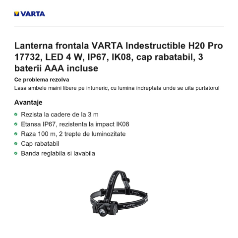 Lanterna frontala VARTA Indestructible H20 Pro 17732, LED 4 W, IP67, IK08, cap rabatabil, 3 baterii AAA incluse [1]