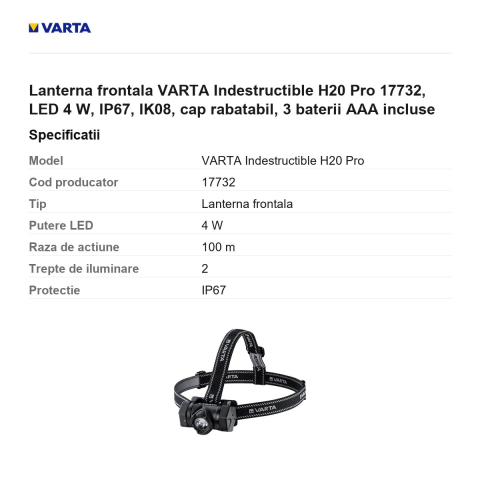 Lanterna frontala VARTA Indestructible H20 Pro 17732, LED 4 W, IP67, IK08, cap rabatabil, 3 baterii AAA incluse [2]